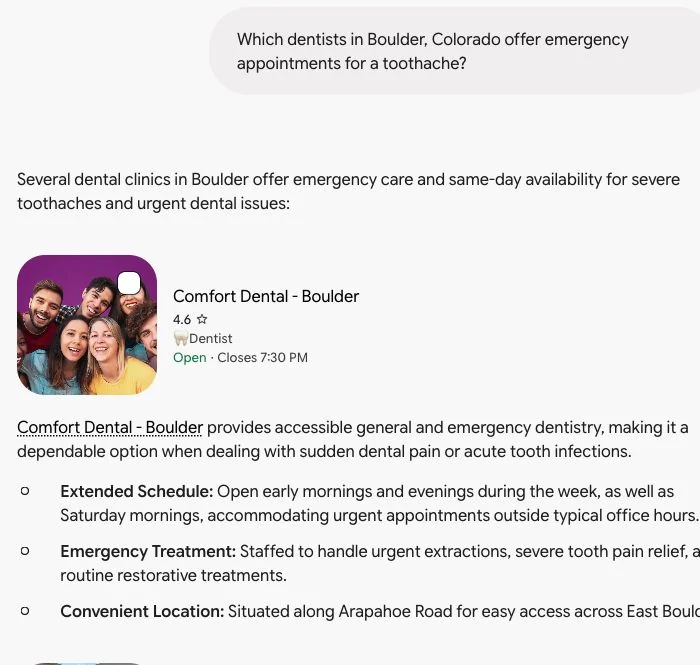 Cropped Gemini response to the emergency appointment question, showing the prompt and first listing