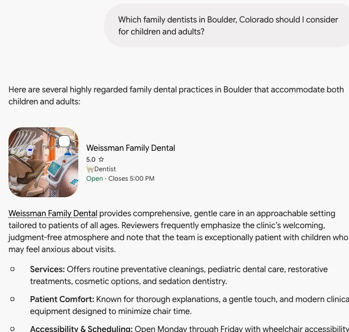 Cropped Gemini response to the family care question, showing the prompt and first listing